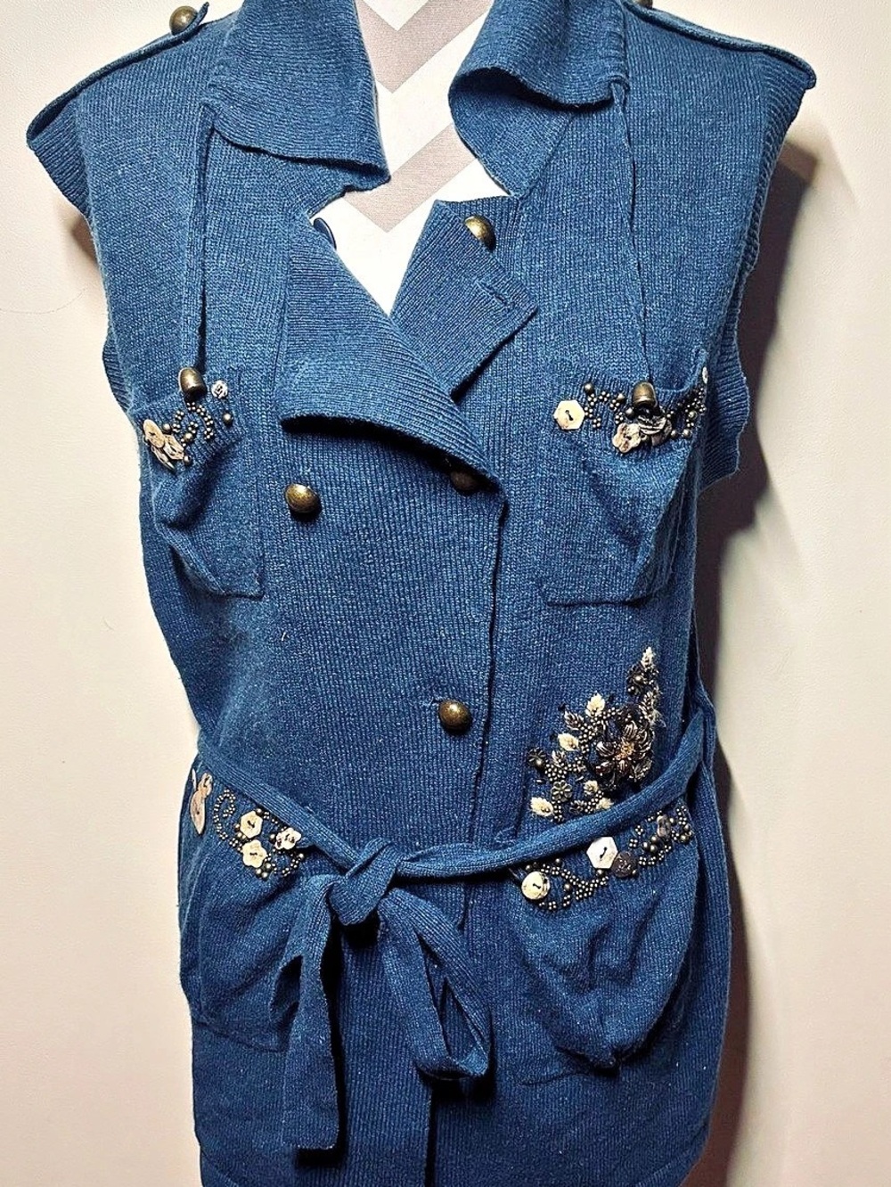 Seed 153  vintage Australian brand Blue Embellished Wool-Blend Vest